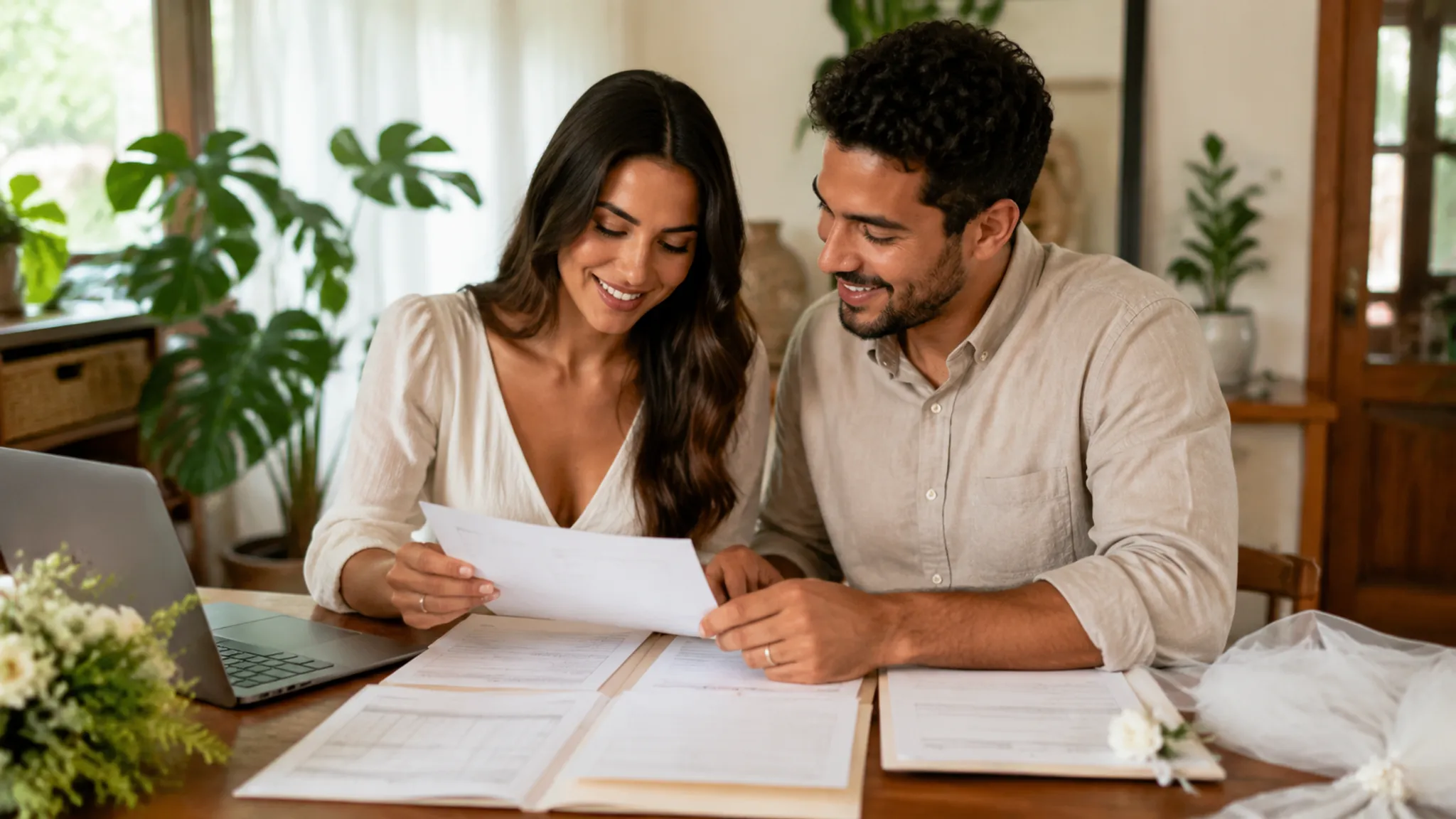 Brazilian wedding couple reviewing ceremony and civil procedure plans