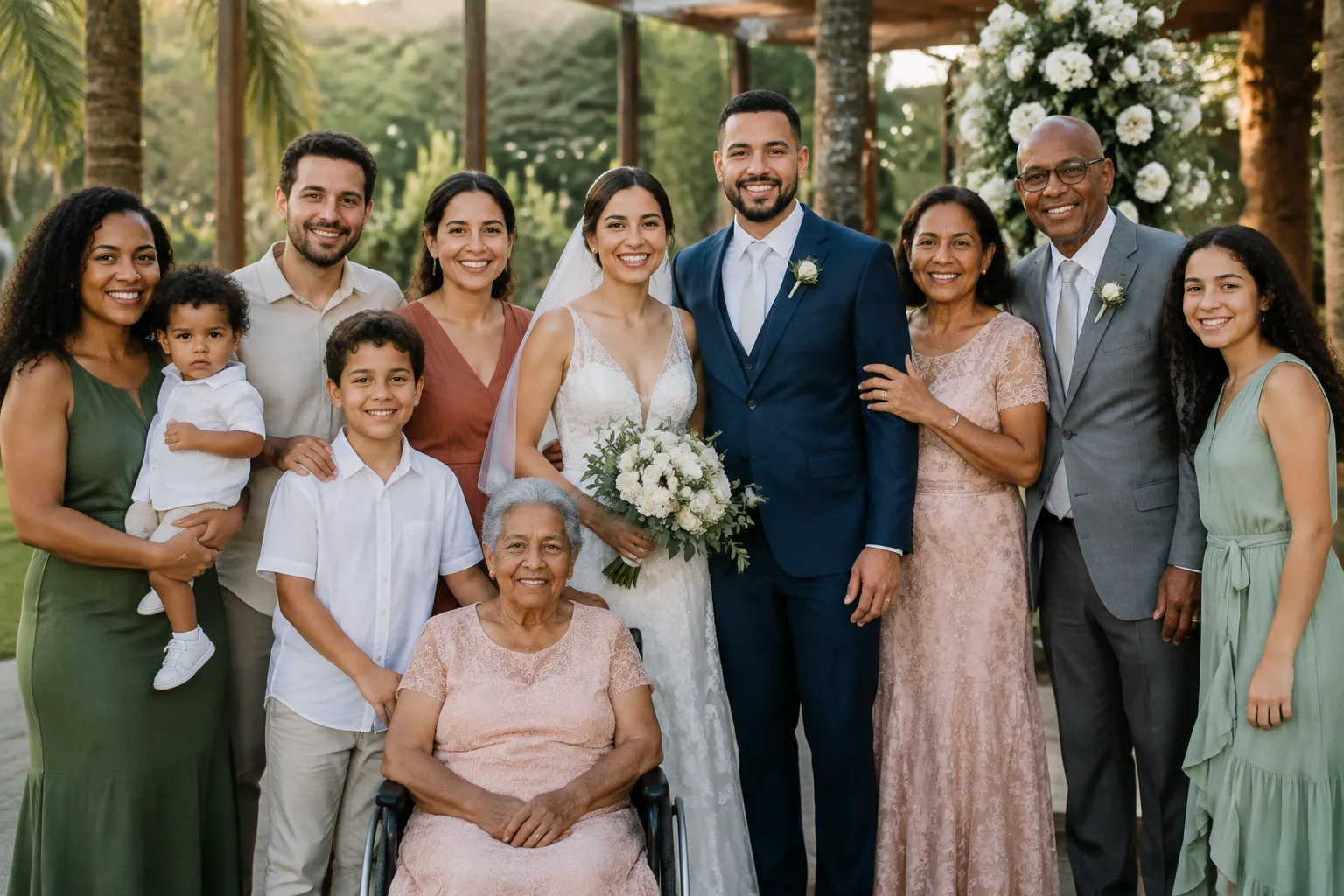 Brazilian wedding couple with family members gathered for a formal portrait