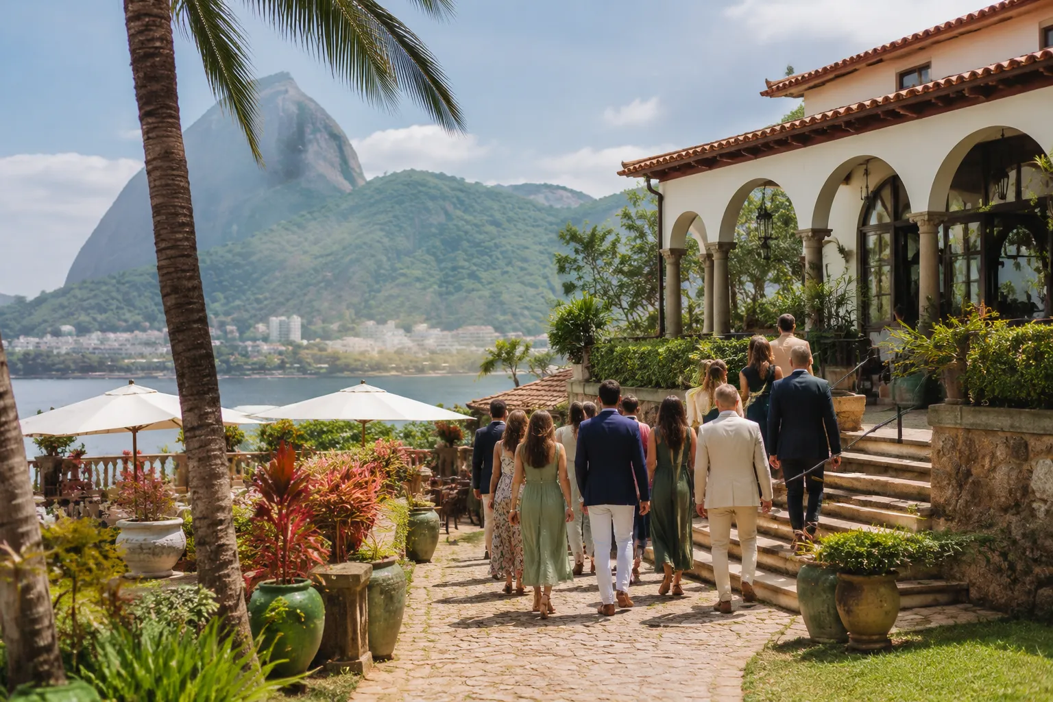 Wedding setting in Brazil with guests considering the surrounding destination and travel access