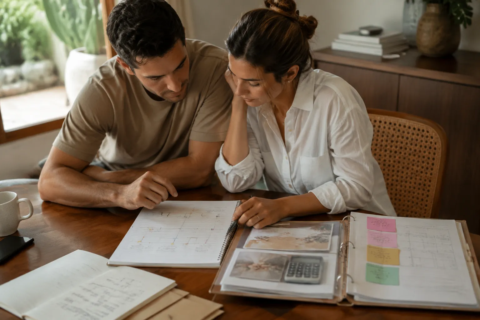 Couple reviewing civil ceremony timing, fees, witnesses, and registry appointment notes