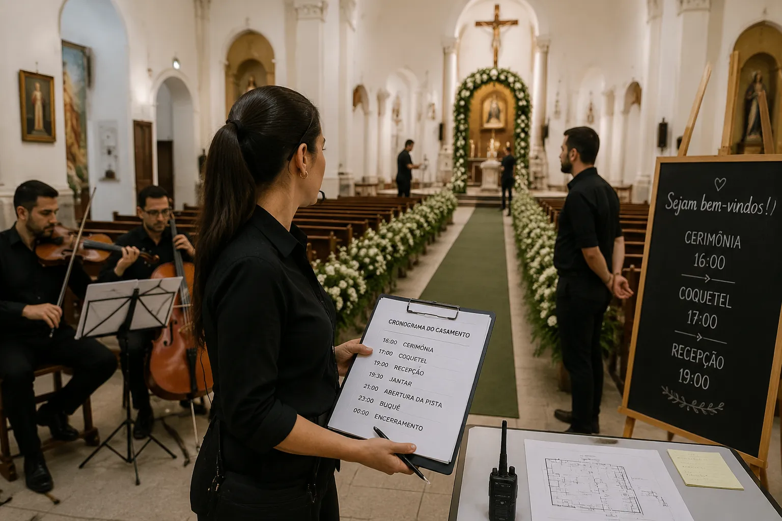Wedding ceremony coordination between church aisle movement, musicians, and reception timing