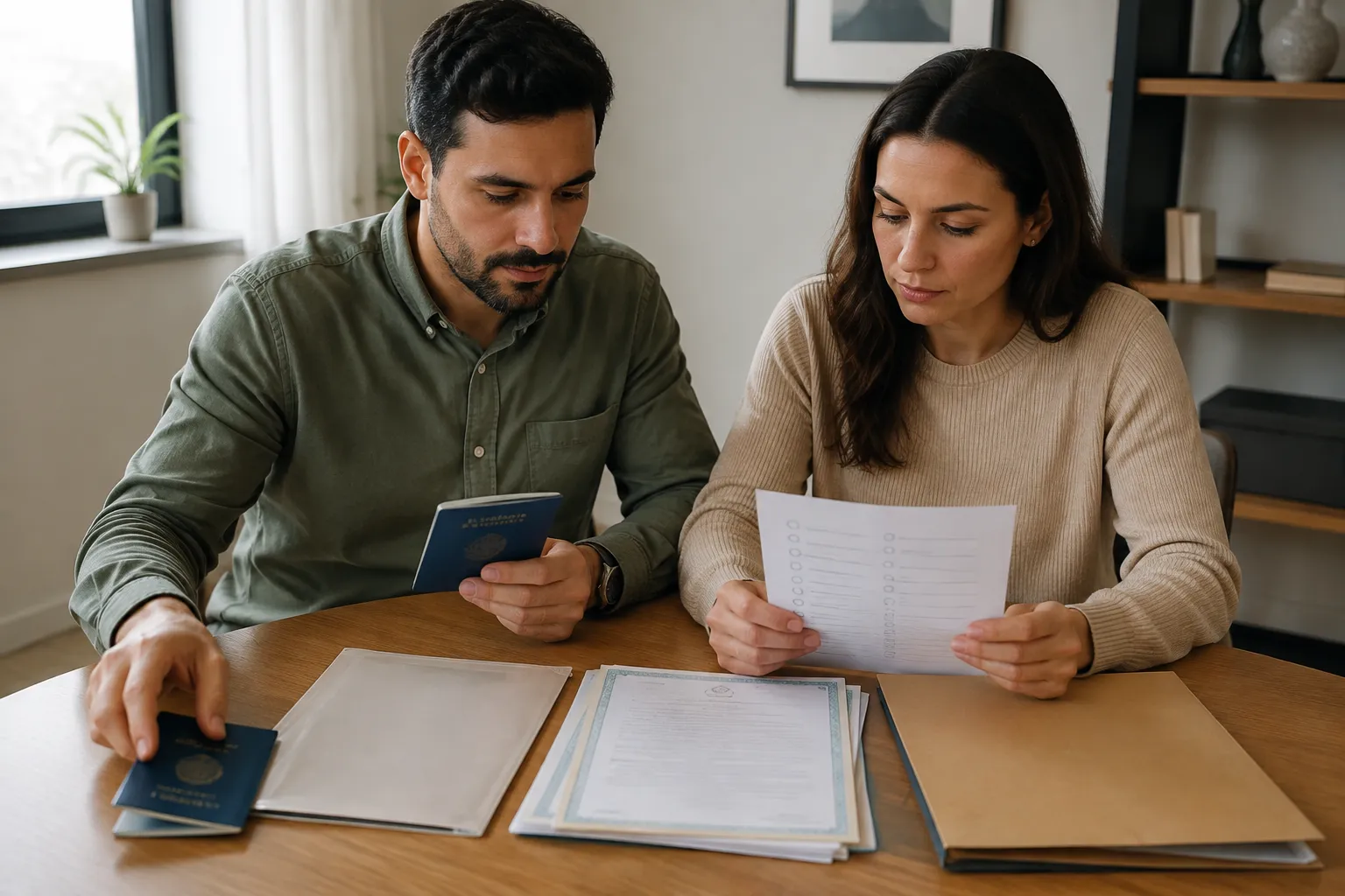 Couple organizing documents and questions for a Brazilian civil registry appointment
