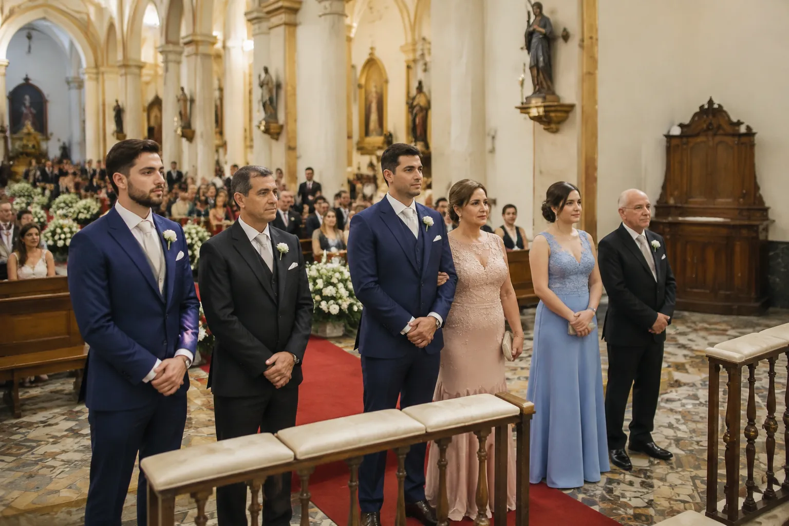 Wedding attendants and family members arranged near the front of a Catholic church