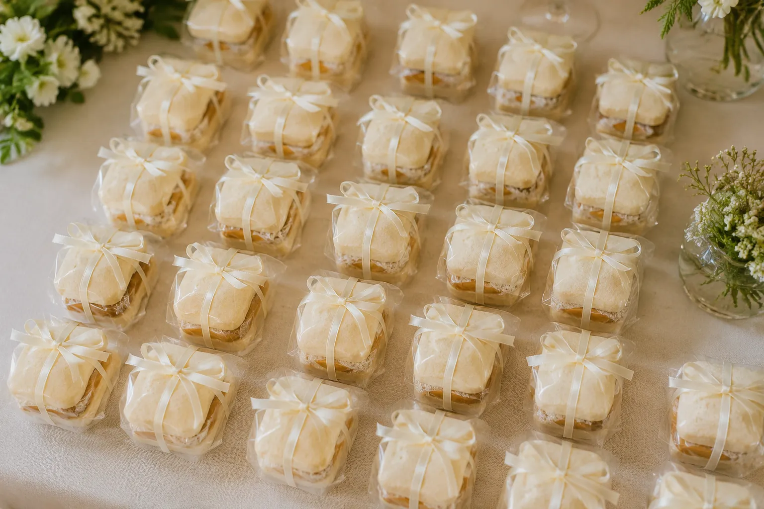 Individually wrapped bem-casados arranged for Brazilian wedding favors