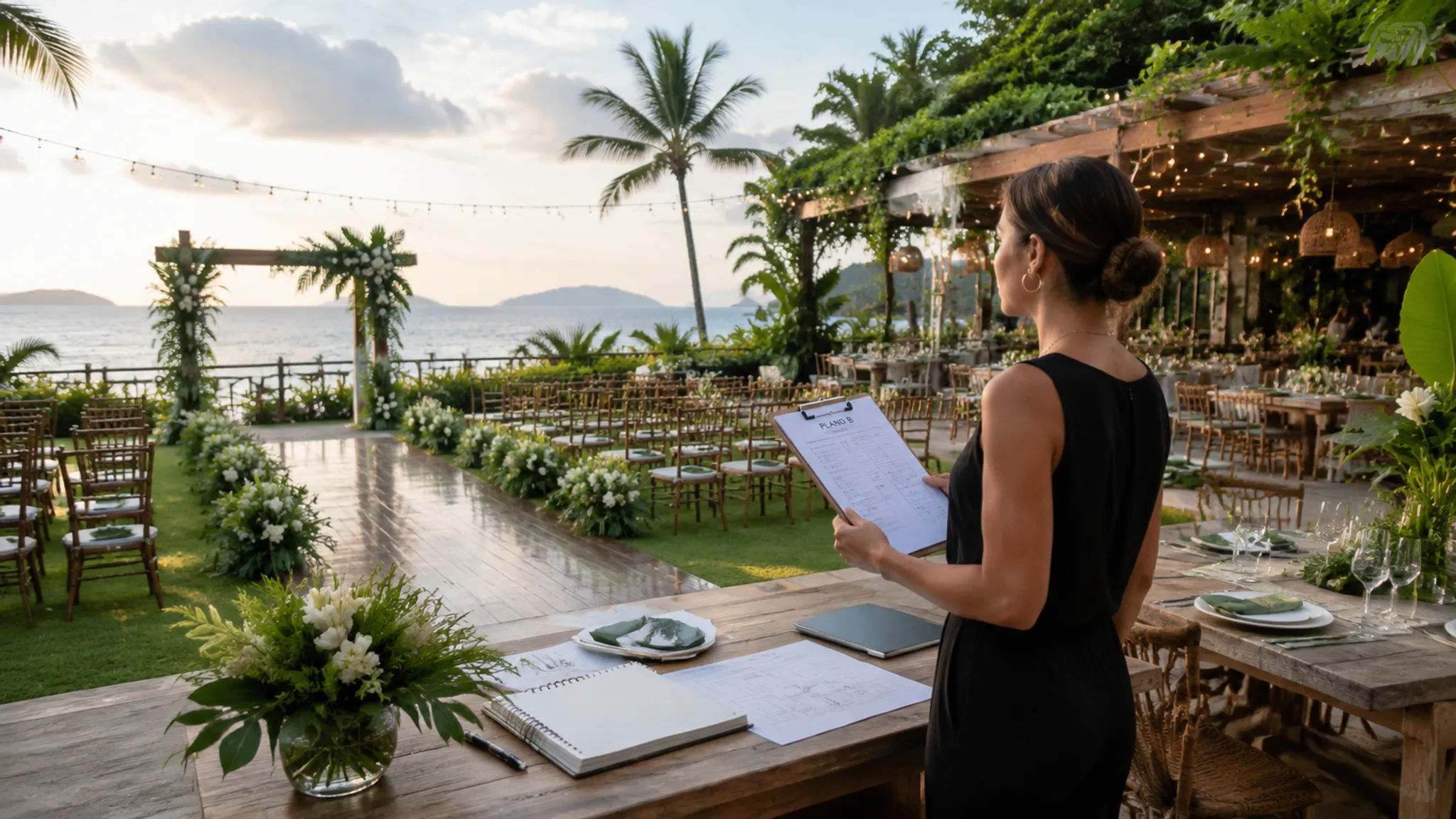 Brazil wedding venue setup with ceremony seating and reception layout under review