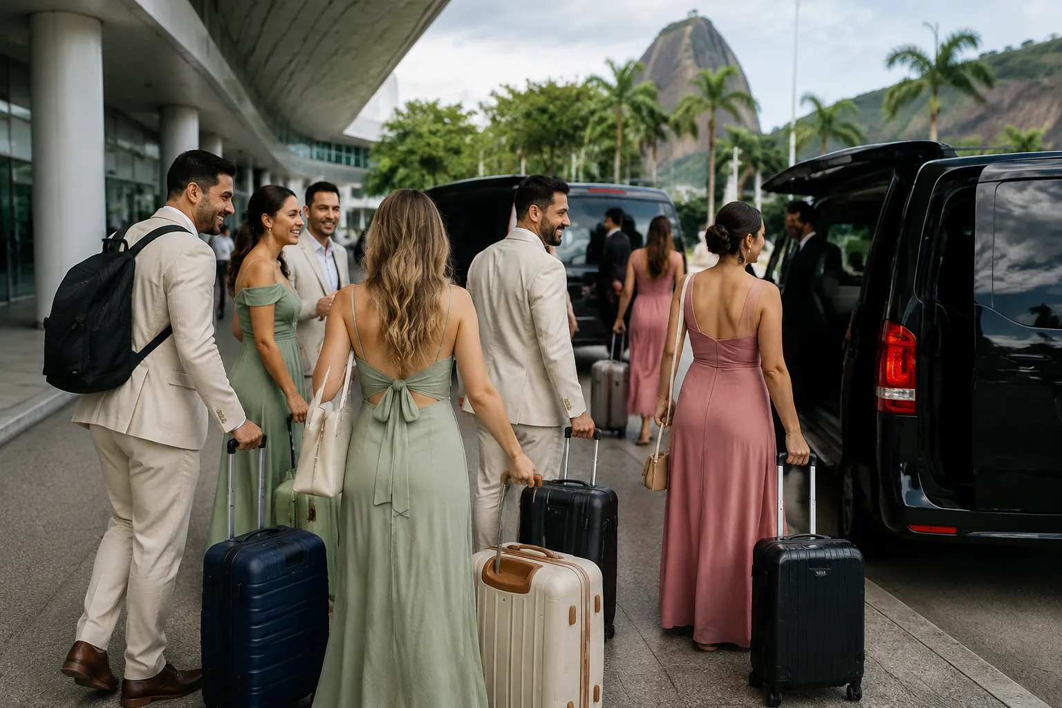 Wedding guests arriving in Brazil and continuing by ground transport to a venue
