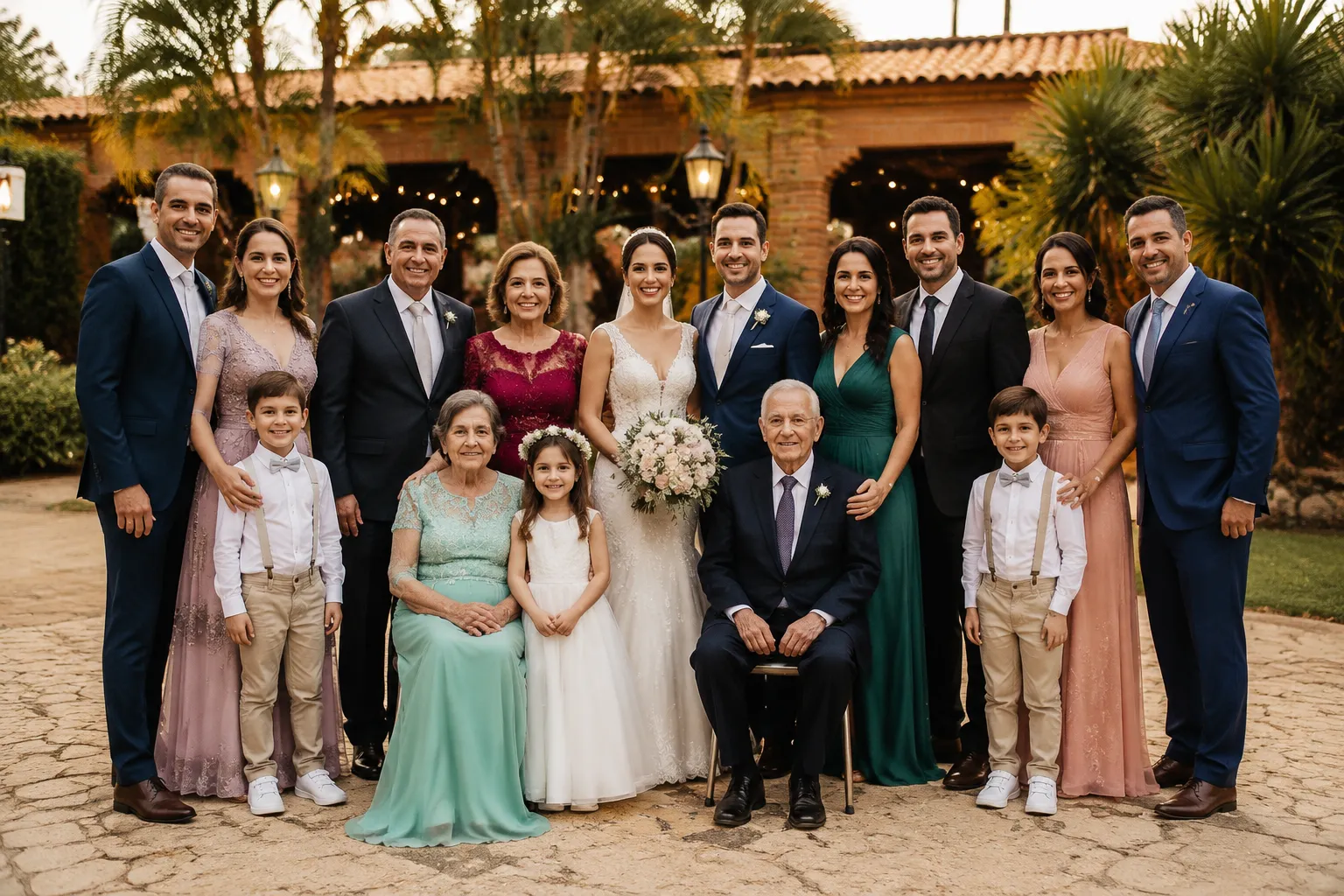 Multi-generational wedding family portrait arranged outdoors at a Brazilian celebration