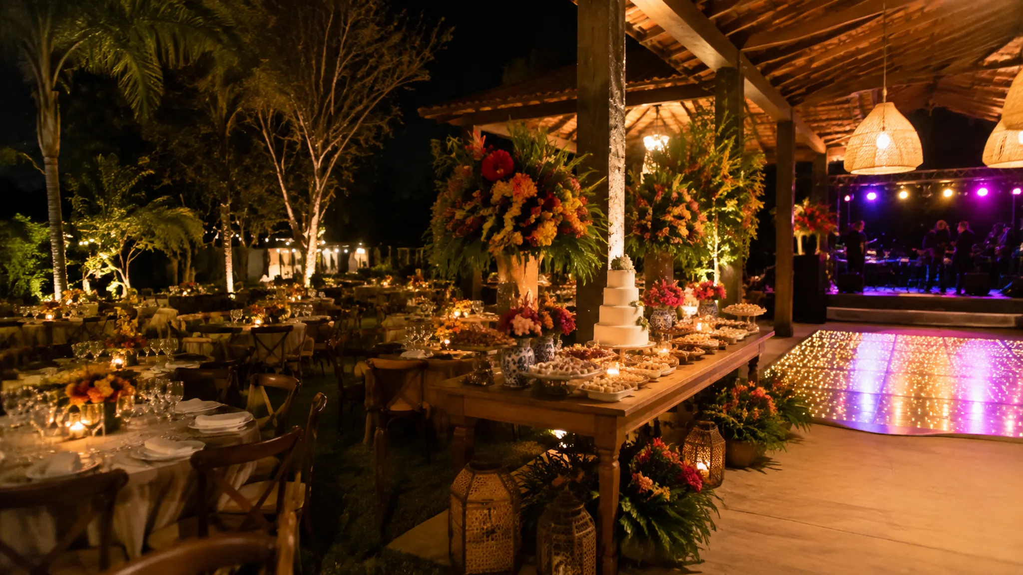Brazilian destination wedding reception with desserts, flowers, and space for dancing