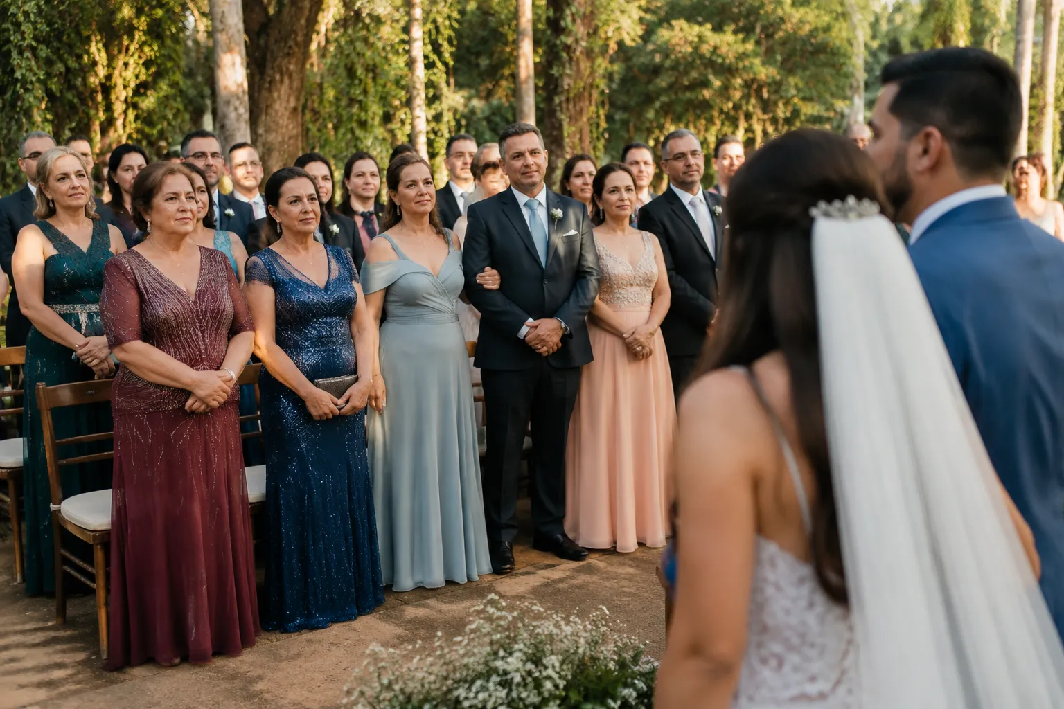 Padrinhos and madrinhas assembled near the couple during a Brazilian wedding ceremony