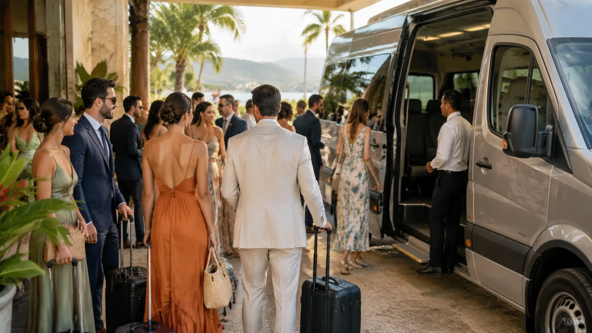 Guests gathering for transportation between wedding locations in Brazil